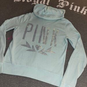Victorias Secret PINK Light Blue Baby Blue Iridescent Sequin Bling Full Zip SM